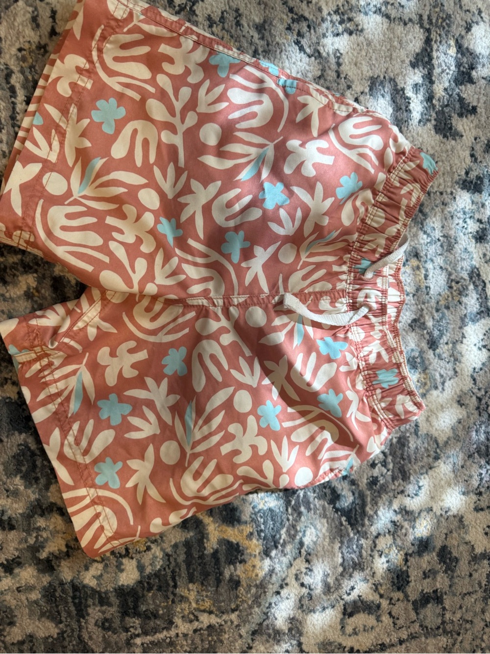 Hanna Andersson Coral Floral Swim Trunks with Light Blue Accents